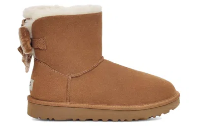 Ugg Camel Suede Mini Bailey Bow Ankle Boots In Brown