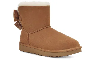 Ugg Camel Suede Mini Bailey Bow Ankle Boots In Brown