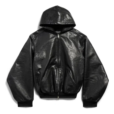 Balenciaga Leather Hooded Bomber Jacket In Black