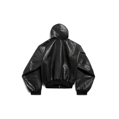 Balenciaga Leather Hooded Bomber Jacket In Black
