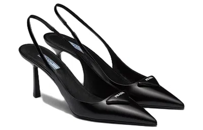 Prada (wmns)  Patched Logo Brushed Leather Slingback Heels 'black'