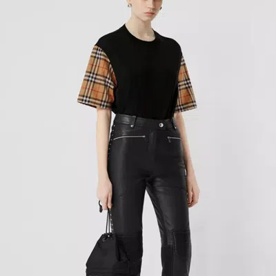 Burberry Black T-shirt With Check Pattern Sleeves Women In Black