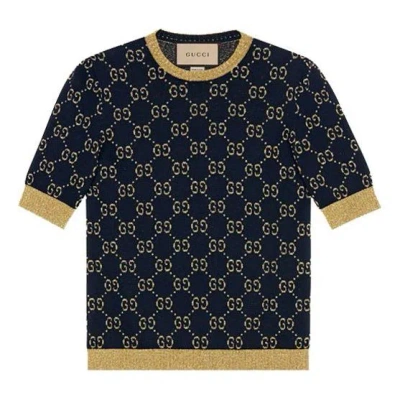 Gucci Gg Supreme Cotton & Lurex Knit Sweater In Blue,gold