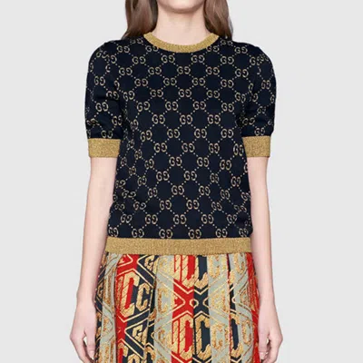 Gucci Gg Supreme Cotton & Lurex Knit Sweater In Blue,gold