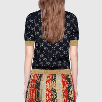 Gucci Gg Supreme Cotton & Lurex Knit Sweater In Blue,gold