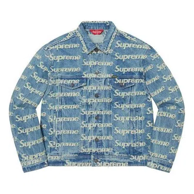 Supreme Frayed Logos Denim Trucker Jacket 'teal White' In Blue