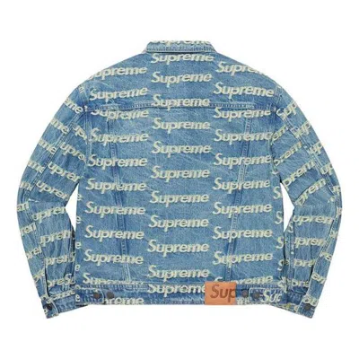 Supreme Frayed Logos Denim Trucker Jacket 'teal White' In Blue