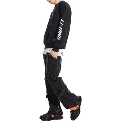 Li-ning Sports Fashion Series Embroidered Logo Loose Fleece Lined Round Neck Pullover 'black'