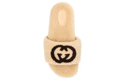 Gucci Eileen Logo Genuine Shearling Slide Sandal In Brown