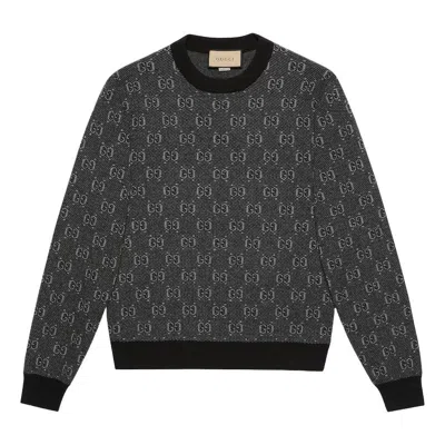 Gucci Men Grey Crewneck Sweater With Jacquard Gg Shadow In Wool Man In Blue
