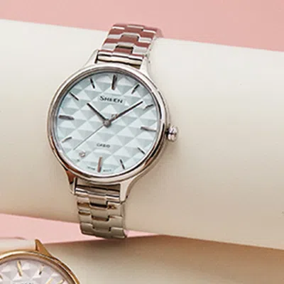 Casio Sheen Series Minimalistic 3d Rhombus Business Watch She-4545d-2aupr Light Blue Analog In Metallic