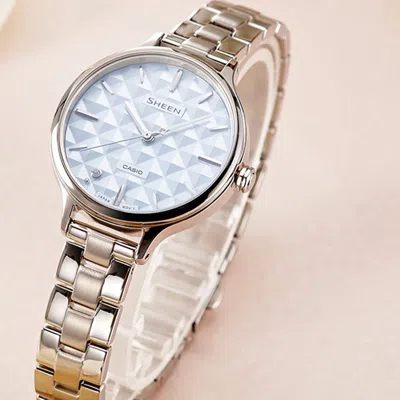 Casio Sheen Series Minimalistic 3d Rhombus Business Watch She-4545d-2aupr Light Blue Analog In Metallic