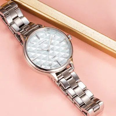 Casio Sheen Series Minimalistic 3d Rhombus Business Watch She-4545d-2aupr Light Blue Analog In Metallic