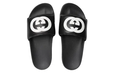 Gucci Interlocking G Leather Slide Sandal In Black