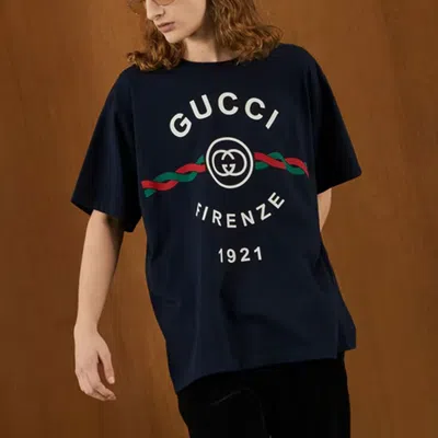 Gucci Firenze 1921 Logo-print Cotton-jersey T-shirt In Blue