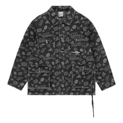 Li-ning Skateboard Series Full Print Loose Washed Denim Jacket 'black Grey' In Multi