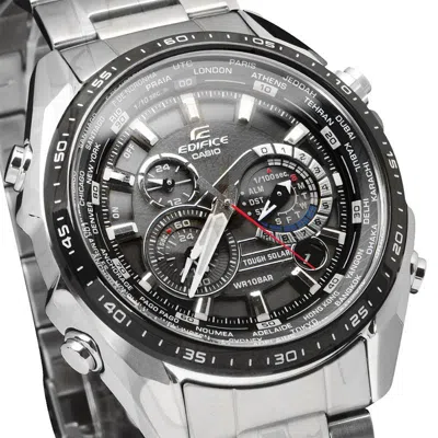 Casio Edifice Solar Powered Stainless Steel Strap Quartz Waterproof Black Dialsilver Strap Mens Blac In Metallic