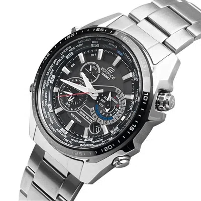 Casio Edifice Solar Powered Stainless Steel Strap Quartz Waterproof Black Dialsilver Strap Mens Blac In Metallic