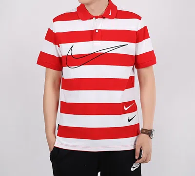 Nike Sportswear Swoosh Stripe Short Sleeve Polo Red White Redwhite
