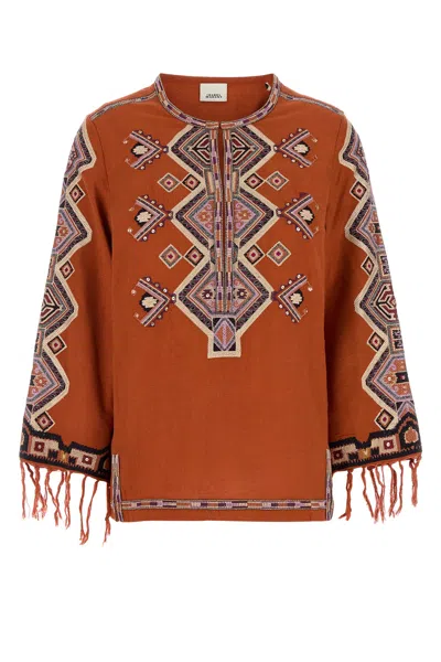 Isabel Marant Silk Blouse Embroidered Geometric Pattern In Orange