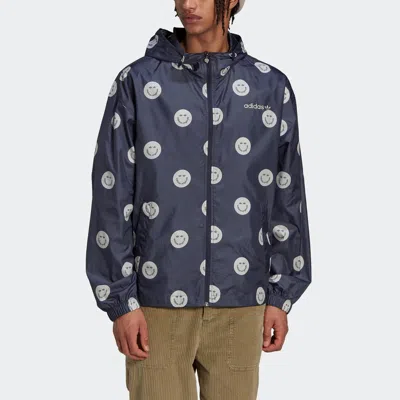 Adidas Originals Men's  Smiling Face Full Print Casual Hooded Track Jacket Deep Navy Blue