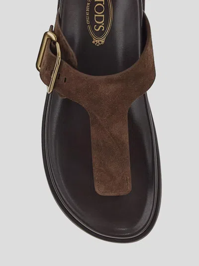 Tod's Buckle Detail Flat Sole Open Toe Slide In Brown