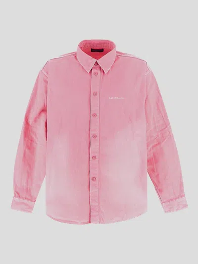 Balenciaga Oversized Distressed Denim Overshirt In Pink