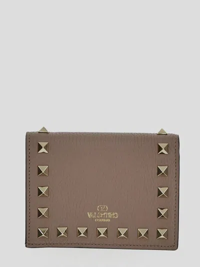 Valentino Rockstud Beaded Embellished Wallet In Brown
