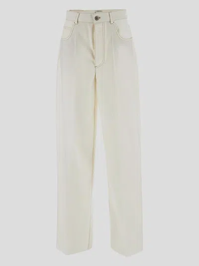 Bottega Veneta Wide-leg Wool Trousers With Pockets And Stitching In Neutral
