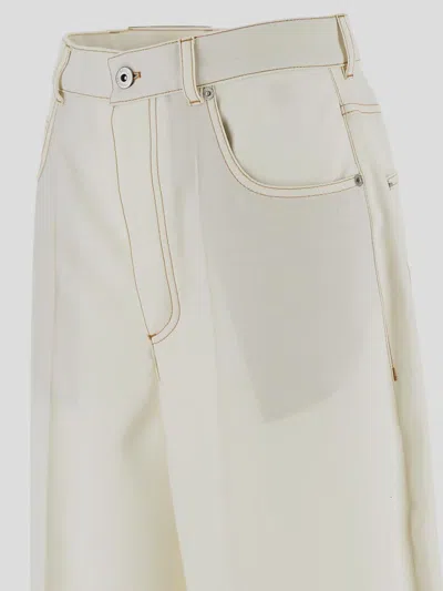 Bottega Veneta Wide-leg Wool Trousers With Pockets And Stitching In Neutral