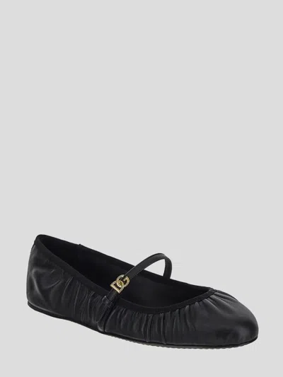 Dolce & Gabbana Black Ballerinas With Metallic Logo And Strap In Leather Woman