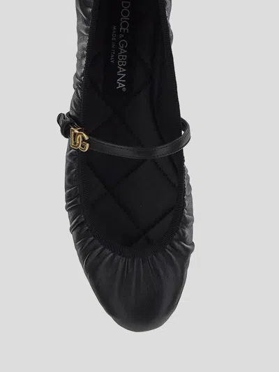 Dolce & Gabbana Black Ballerinas With Metallic Logo And Strap In Leather Woman