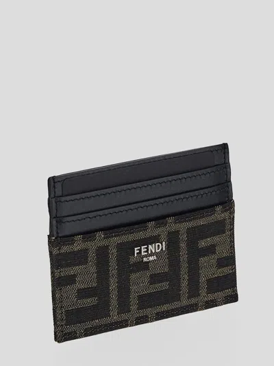 Fendi Brown Card-holder With Metal Lettering In Leather And Ff Canvas Man