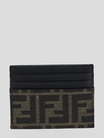 Fendi Brown Card-holder With Metal Lettering In Leather And Ff Canvas Man