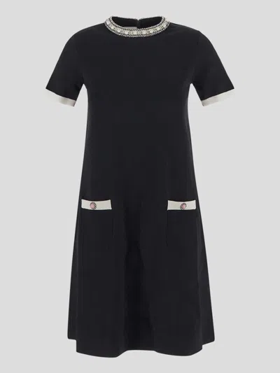 Valentino Tweed Embroidered Mini Dress With Patch Pockets In Black