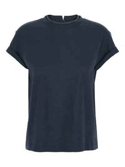 Brunello Cucinelli Blue Crewneck T-shirt With Monil Detail On The Collar And Rear Cut-out In Cotton Stretch Woman In Blue