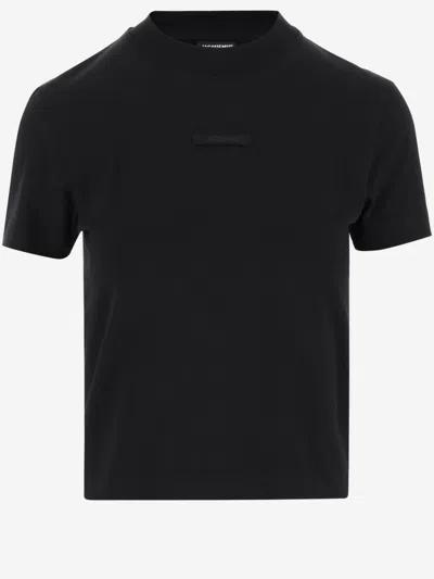 Jacquemus Black Fitted T-shirt With Logo Patch In Stretch Cotton Woman In Black