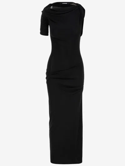 Jacquemus Short-sleeved Black Viscose Midi Dress In Black