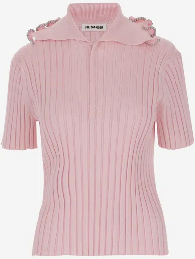 Jil Sander Ruffle Flounce Polo Shirt In Viscose Blend In Pink