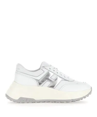 Hogan White Silver Lace Up Sneakers In White