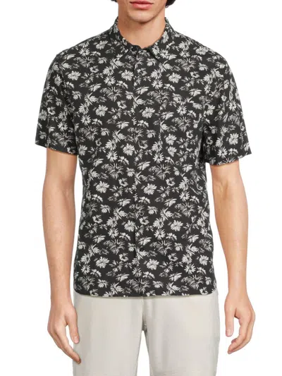 Vince Firework Floral Classic Fit Linen-blend Shirt In Black