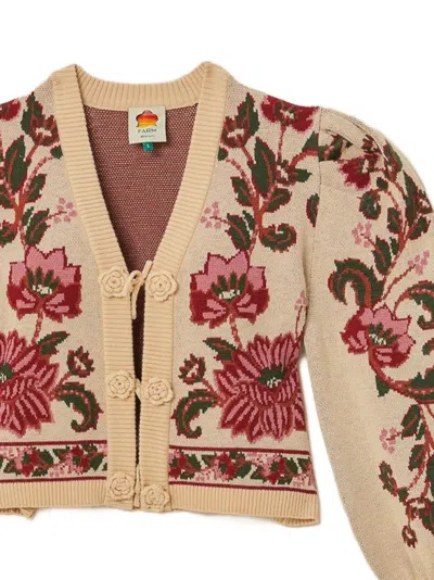 Farm Rio Floral Puff-sleeve Cardigan In Neutral