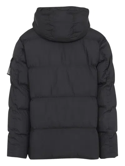 Stone Island Blue Down Jacket With Drawstring Hood And Logo Patch On The Sleeve In Tech Fabric Man In Black