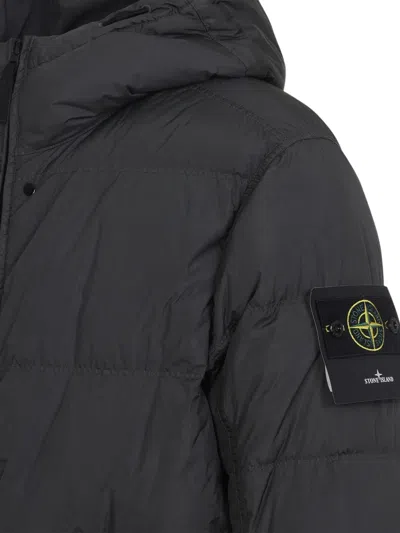 Stone Island Blue Down Jacket With Drawstring Hood And Logo Patch On The Sleeve In Tech Fabric Man In Black