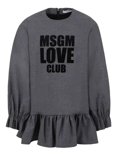 Msgm Logo-print Ruffled Dress In Gray