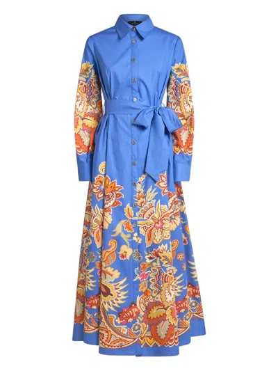 Etro Belted Paisley Cotton Maxi Dress In Blue