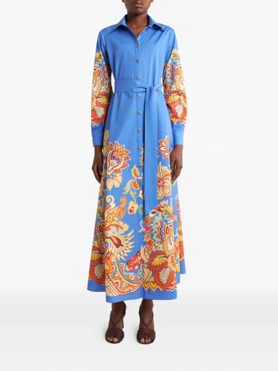 Etro Belted Paisley Cotton Maxi Dress In Blue
