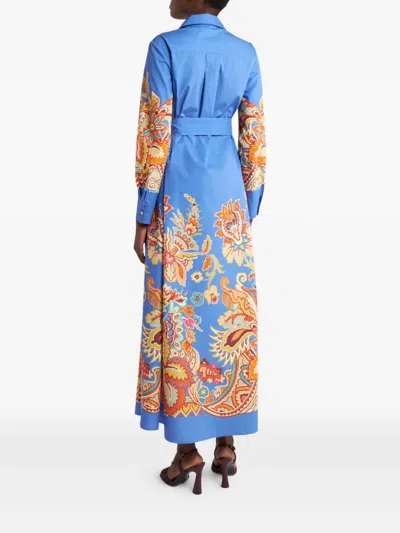 Etro Belted Paisley Cotton Maxi Dress In Blue