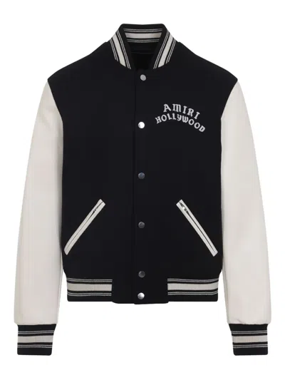 Amiri Tailored Black Wool Blend Varsity Jacket With Embroidered Details In Black