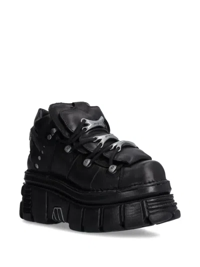 New Rock 106-s29 Tower Shoes Metallic Black Leather Biker Punk Gothic Boots In Black